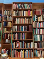 Full view of large bookcases filled with old books, showing a diverse collection