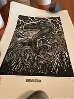 Full view of Jurassic Park print showing dinosaur and jungle scene