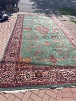 Full view of rug laid outdoors showing overall pattern, colors and size