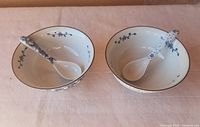 View of the two bowls with matching porcelain spoons inside, showing inside floral decoration and rim details.
