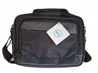 Front view of black Dell Professional Briefcase 14 laptop bag with tag visible.