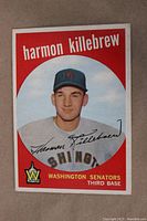 Front of the 1959 Topps Harmon Killebrew card showing player image, name, team logo, and designation.