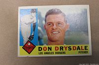 Front view of 1960 Topps Don Drysdale baseball card showing image, team logo, and name in color.