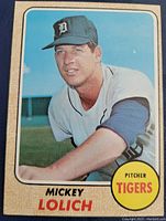 Front side showing Mickey Lolich in Detroit Tigers uniform with 'Pitcher Tigers' badge and card details.