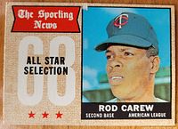 Front of 1968 Topps Rod Carew All-Star baseball card showing player portrait and details.