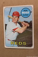 Front of 1969 Topps Pete Rose baseball card showing player image and team.