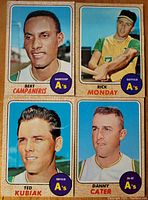 Front of 4 baseball cards featuring Oakland A's 1968 players Campaneris, Monday, Cater, and Kubiak