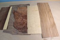 Five pieces of exotic wood veneer laid out showing various wood types and grain patterns including redwood burl and walnut crotch.
