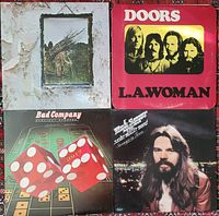 Four 1970s rock vinyl album covers arranged in a grid showing front covers of Led Zeppelin IV, The Doors L.A. Woman, Bad Company Straight Shooter, Bob Seger Stranger in Town.