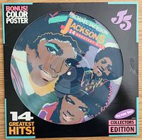 Front of the Jackson 5 Greatest Hits picture disc album showing the colorful picture disc with vivid portraits of Michael Jackson and Jackson 5 logo.