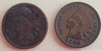 Obverse sides of the 1907 and 1904 Indian Head pennies showing the Native American head design with visible dates.
