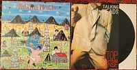 Front covers of two Talking Heads vinyl albums: "Little Creatures" on left with illustrated colorful town scene, and "Stop Making Sense" on right with man in beige suit jacket and black circle background.