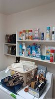 Wide shot showing shoes on shelves and assortment of cleaning products and shoe care items on shelves and in baskets.