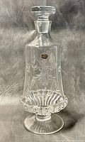 Front view of Bohemia Czechoslovakian etched crystal decanter with clear stopper and pedestal base