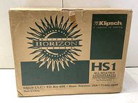 Front of box displaying Klipsch Horizon Series logo and HS1 All-Weather Loudspeakers text