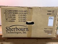 Front of cardboard box showing Sherbourn model checklist with 7/1250A and 120V checked, Sherbourn Technologies logo, made in Taiwan marking.
