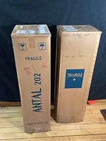Two tall cardboard boxes labeled “Antal 202” and “Triangle Electroacoustique,” marked Fragile and Made in France CE