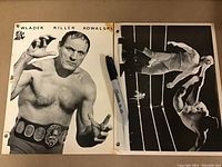 Two 8x10 black and white wrestling photos, one featuring Wladek Killer Kowalski posing with a title belt, and an action wrestling match photo with two men engaged.
