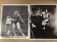 Two black and white 8x10 wrestling publicity photos; female wrestlers Jeanne Antone and Viviane Vachon in one, male wrestling action with high-flying move in the other