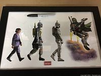Full view of the framed artwork showing the evolution of Boba Fett character from a child to a jetpack-flying bounty hunter, branded with Shane Kirchenlaub logo.