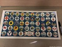 Full view of the vintage print showing badges of various British colonies on a blue background with a cream border. A Sharpie pen is visible for scale.