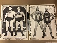 Photo shows two vintage 8x10 black and white wrestling publicity photos. The left photo features Rapapapotski and Maurice Vachon each in wrestling trunks. The right photo shows Maurice "Mad Dog" Vachon and Paul "The Butcher" Vachon in wrestling trunks and posing with arms akimbo. Both have name and origin text and listed weights.