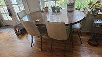 Mid century rectangular kitchen table with a dark wood finish top, metal legs, and five padded chairs in cream upholstery placed around the table near a door with plants on top.