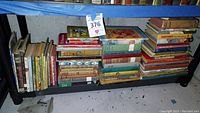 Shelf holding stacked vintage children's books with varied titles and sizes, placed in basement on blue shelving.