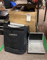 View of AudioVox portable DVD player with soft carrying case and some stored items in the background.