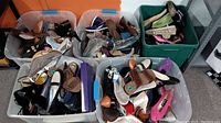 Five plastic bins filled with women's shoes and sandals, showcasing a variety of styles and colors in size 8.