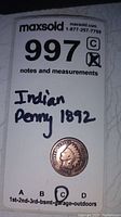 Obverse view of 1892 Indian Head Penny with date and detail of Lady Liberty head.