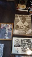 Three framed sports photos including signed and unsigned images of football and baseball players.