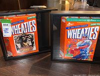 Two framed Wheaties boxes, one showing Franco Harris and the other Roger Staubach, both signed and displayed upright side by side.