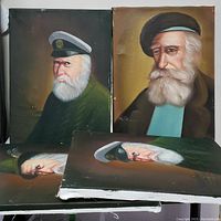 Four oil on canvas portraits arranged with three canvases lying down and one standing, showing elderly Scottish men with white beards in traditional attire. Captures overall look and size.