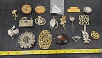 Photo showing full layout of 20 vintage brooches in varying shapes and sizes on black textured cloth with measuring tape