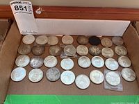 Full tray view showing all 36 silver dollar coins spread in single layer