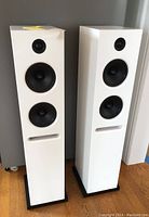 Front view of two white floor speakers side by side showing drivers and port