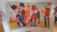 Full view of the lithograph showing a group of characters in vintage clothing, colorful and whimsical style.