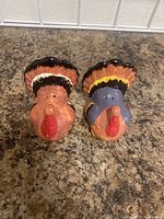 Front view of the two painted ceramic turkey salt and pepper shakers placed side-by-side on a brown countertop.