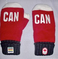 Pair of knitted mittens lying flat showing the backs with 'CAN' in white letters on red and gray cuffs with patches.