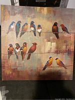 Full view of the square canvas painting depicting colorful birds on wires with an abstract background