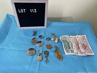 Full view of assortment on blue cloth background with lot sign showing lot number 113.