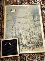 Front view of the framed Les Voile De La Liberte tall ships poster, showing detailed artwork and framing.