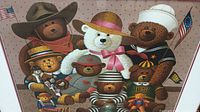 Close-up photo of the artwork showing the group of teddy bears in various costumes.