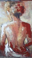 Front-facing view of a modernist semi-nude lady portrait painting or print showing textured brush strokes and warm earth tone colors.