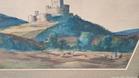 Close-up of the painting showing the old fortress on the hill with surrounding landscape including cows and a person near a boat or cart.