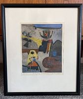 Full view of framed abstract etching showing composition and frame wear