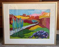 Full view of framed painting showing composition, mat and frame