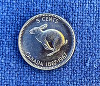 Obverse showing the rabbit design with '5 CENTS' and 'CANADA 1867 1967'