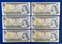 Front view of six Canadian one dollar bills from 1973 featuring Queen Elizabeth II and Bank of Canada markings.